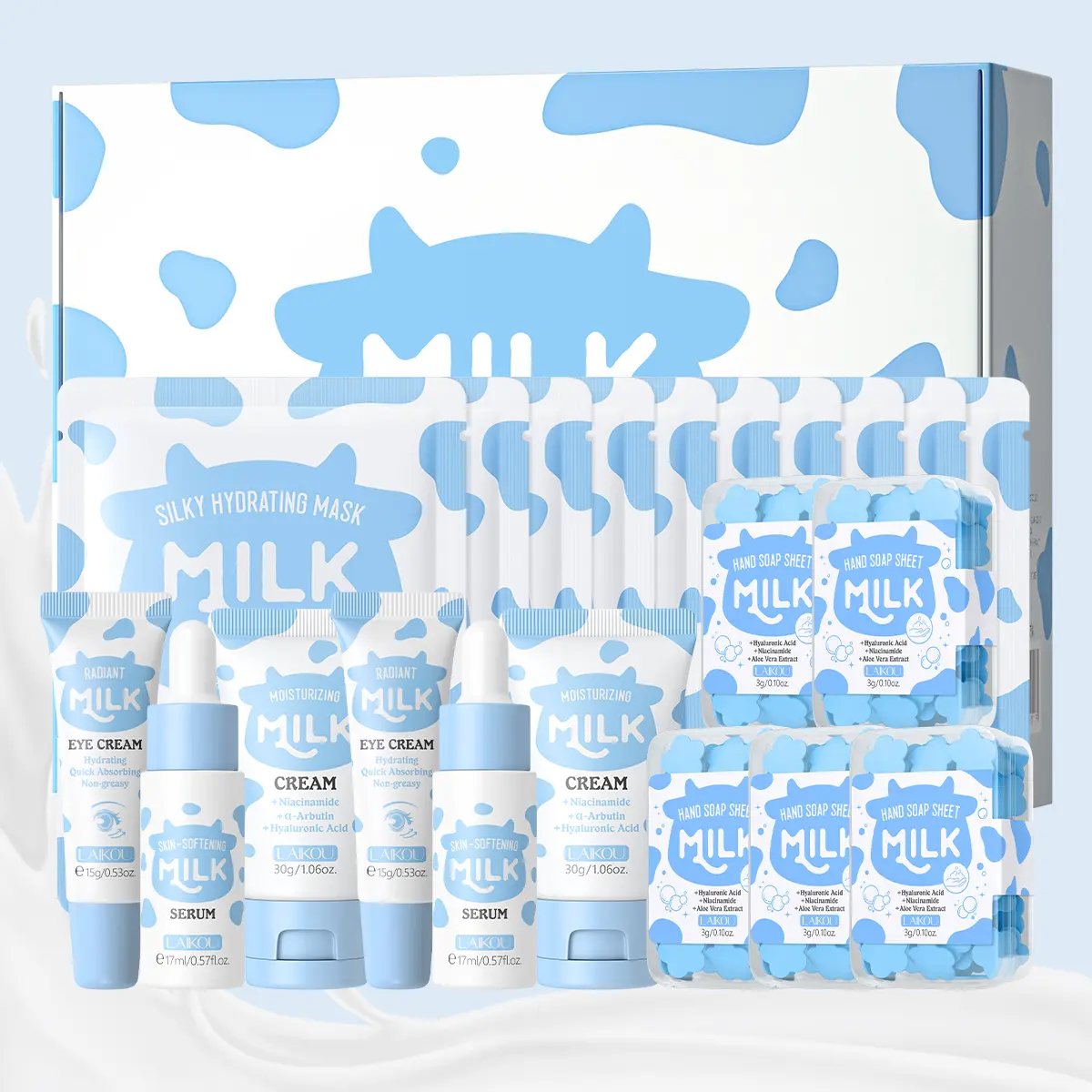 Moisturizing Milk Skincare Set, 12pcs/20pcs set Including Facial Cleanser   Toner   Eye Cream Essence  Moisturizer   Hydrating Mask   Body Scrub   Body Lotion Hand Soap Flakes Hand Cream   Gift Box,Skin Rejuvenating Set, Toiletries Kit, Body Care