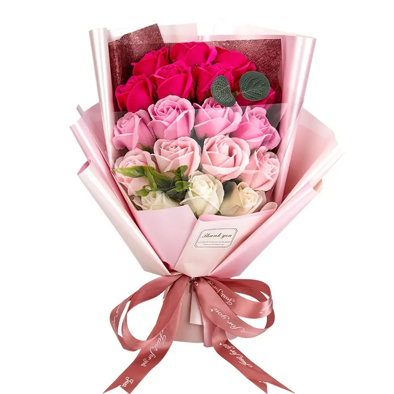 18-Piece Color-Coordinated Bouquet-Shaped Preserved Eternas Roses Soap Flowers with LED Strip - Decorative Bouquet Flowers in Gift Box, Love Gift for Your Girlfriend, Girl Room Decor