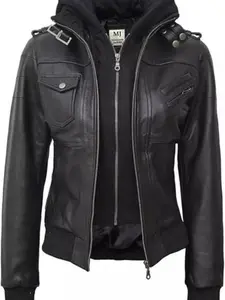 Womens Black Hooded Bomber Leather Jacket - Lambskin Womens Leather Jacket with Removeable Hood Womenswear Coats