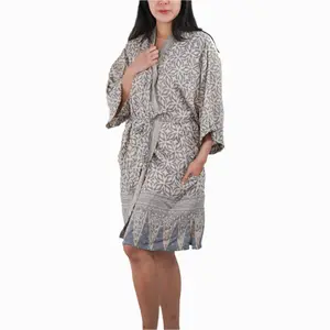 Handmade Batik Robe Kimono, 100% Cotton Soft, Gray White Harmony Fabric Womenswear