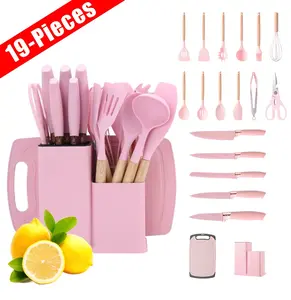 19 piece kitchen knife set, equipped with non stick compatible tools, heat-resistant silicone and wooden handle tableware, including chef's knife, spoon, cooking utensils, non stick pot, fashionable and ideal cooking set, #IWD2026 Nonstick Cookware Sets