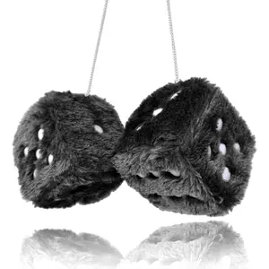 Black Fuzzy Plush Dice for Car Mirror, Pair of Retro 3” Black Dice with White Dots for Car Interior Hanging Ornament Decoration