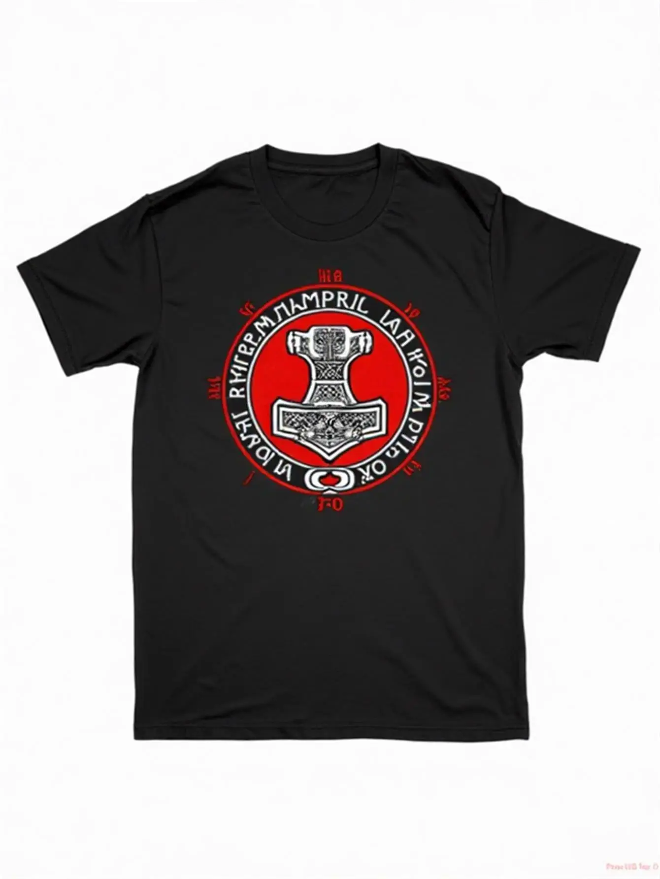 Norse Mythology Inspired T-Shirt with Viking Rune Circle and Symbolic Hammer Design for Men