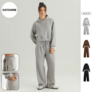 KatchMe Women's Chic Hooded Long Sleeve Cropped Hoodie & Contrast Waist Wide Leg Trousers Co-ord, Versatile Lightweight Two Piece Outfits, Solid Color Going Out Set(2)