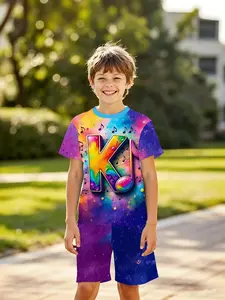 Rainbow Gradient Letter K Note 3D Boy Short Sleeve Set, Outdoor Wear, Birthday Gift, Holiday Gift, Casual Slim-Fitting Shorts