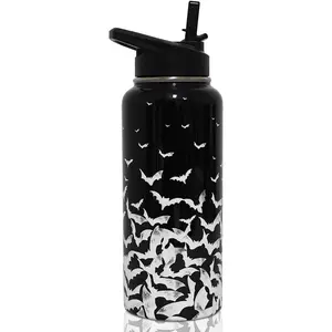 32 oz Double Wall Vacuum Insulated Stainless Steel Halloween Tumbler - Leakproof Insulated Cup, Portable Straw Water Bottle, Bat-Design Reusable Drinkware, Halloween Gift for Women, Double Wall Tumbler