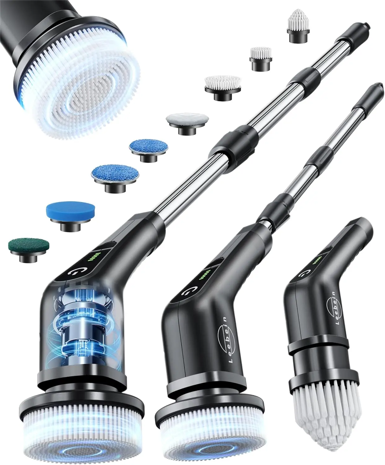 Leebein Cordless Electric Spin Cleaning Brush (All Black, Button-Controlled) with 8 Replaceable Heads, Dual-Speed, Adjustable-Detachable Handle, USB-C Charger, Display, Battery-Powered for Bathroom Tub, Tile, Grout, Kitchen, Pool, Furniture, Shower