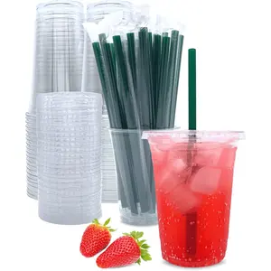 [50 Sets] 16 oz Clear Plastic Cups with Lids and Straws, Disposable Coffee Cups