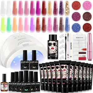 MOROVAN Poly Nail Gel & Glitter Powder Kit: Professional Nail Extension Set with Curing Lamp for Beginners and Artists