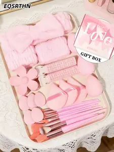 31pcs "For Love" Heartbeat Beauty Gift Box - a whole set in pink and tender colors! From makeup brushes and puffs to hair bands and hair clips, the gentle and healing color scheme that captures a girl's heart makes it a romantic ritual to give to a best f