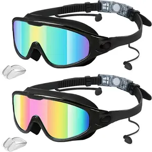Swimming Goggles, 2 Pack Wide View Anti Fog&UV Swim Goggles with Ear Plugs, No Leaking Swim Glasses for Audlt Men Women Youth