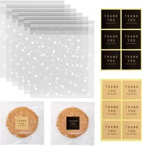Mini Skater Self Sealing Cookies Bags Pack of 100 Clear Cellophane Treat Bags with Thank You Stickers for Gift Giving Brownies Candies Dessert Bakery Party Favors (White Polka Dot, 5.5X5.5 Inches)