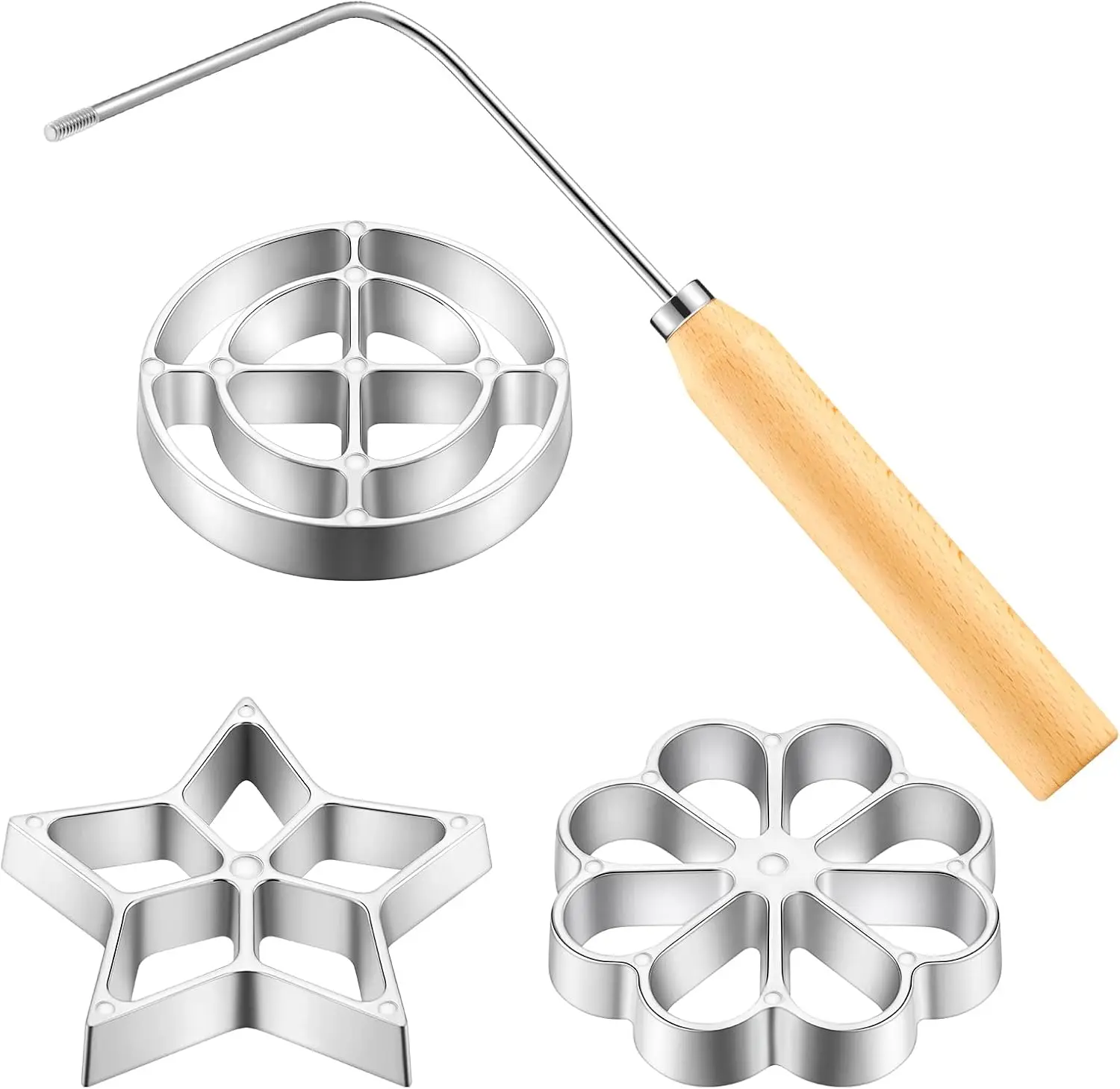  Achappam Mold Bunuelos Mold Set with Handle, Rosette Maker with 3 Interchangeable Star Flower Circle Heads, Cast Aluminum Fried Pastry Tool for Home Kitchen Baking & Cooking Housewares