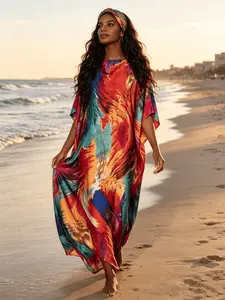 2026 New Women's 2 Piece Multicolor Abstract Feather Print Kaftan Maxi Dress with Matching Headscarf, Silky Loose Pleated Robe, Plus Size Friendly, Beach Cover Up, Resort Vacation & Evening Party Wear