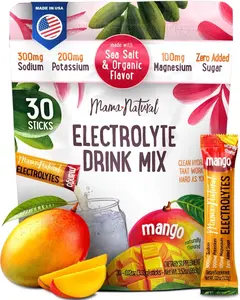 Mama Natural Electrolytes Powder Packets – Instant Hydration with natural Sea Salt, Potassium & Magnesium Glycinate – Sugar Free, Organic Mango Flavor – 30 Travel Sticks