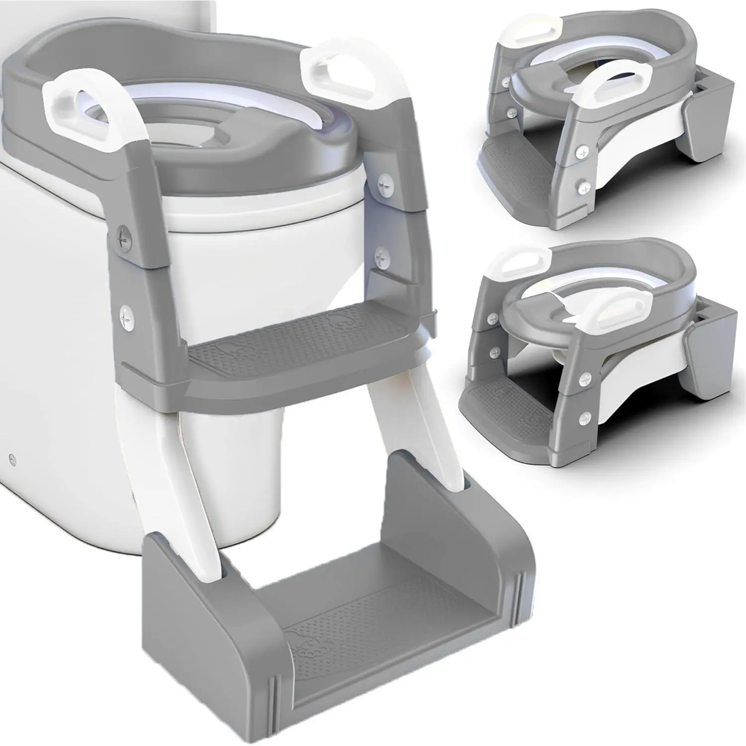 3-in-1 Built-in Potty Toddler Toilet Trainer with Ladder, PU Cushion, Anti-slip Foldable Adjustable Step Stool, Easy Assembly Potty Training Seat for Kids (Grey)