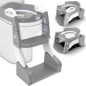 3-in-1 Toddler Potty Training Toilet with Ladder & PU Cushion, Easy Assembly, Potty Training Seat, Anti-slip Foldable Toddler Toilet Seat with Adjustable Step Stool For Kids Boys And Girls (Grey)