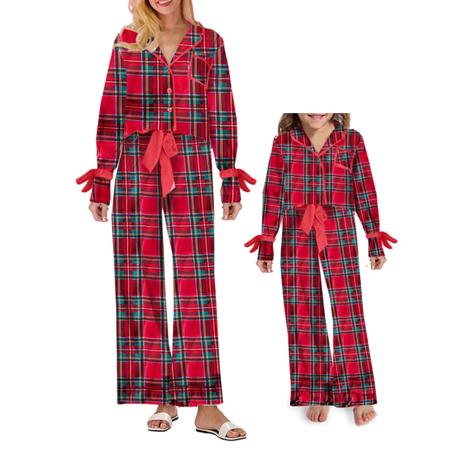 PYBCVRRD Women's Mommy and Me Matching 2-Piece Plaid Bow Print Christmas Holiday Pajamas Set - Long-Sleeve Button-Down Tops, Drawstring Pants Check Trousers Longsleeves Sleepwear Clothes