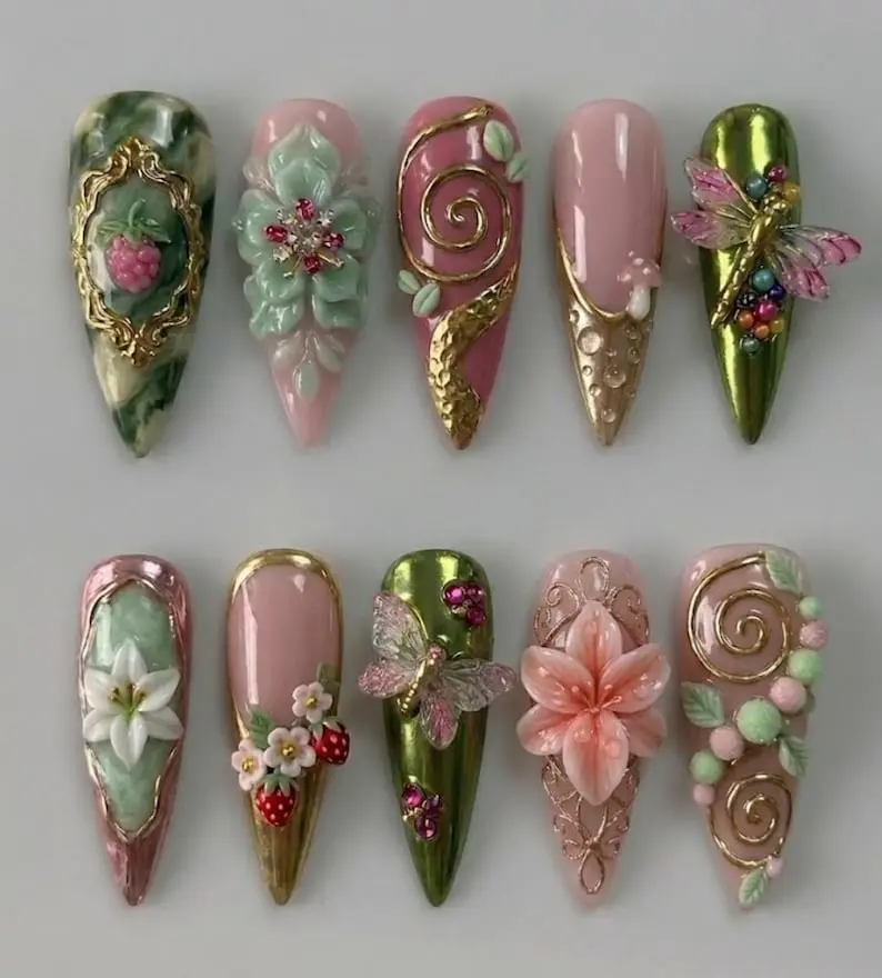 Enchanted Fairy Garden Press On Nails 3D Crystal Dragonfly Flower Strawberry Art