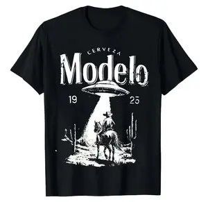 Modelo UFO Cowboy Graphic-Shirt Cotton Retro Streetwear Tee With Cerveza Letter Print UFO Western Cowboy Desert Scene Design Y2K Oversized Casual Short Sleeve Men's Summer Fashion