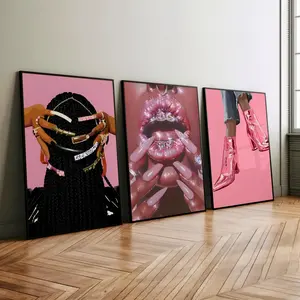 Set of 3 Black Woman Art, Black Pink Girl Room Decor, Trendy Girl Wall Art, Fashion Wall Art, Luxury Black Woman Art, Pink Wall Art Poster (UNFRAMED)