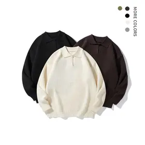 Men's classic collar knitted pullover with beige ribbed long sleeved regular fit sweater, suitable for casual and formal wear in autumn and winter. Soft and breathable top, college style knitted sweater, lapel, V neck, old fashioned style