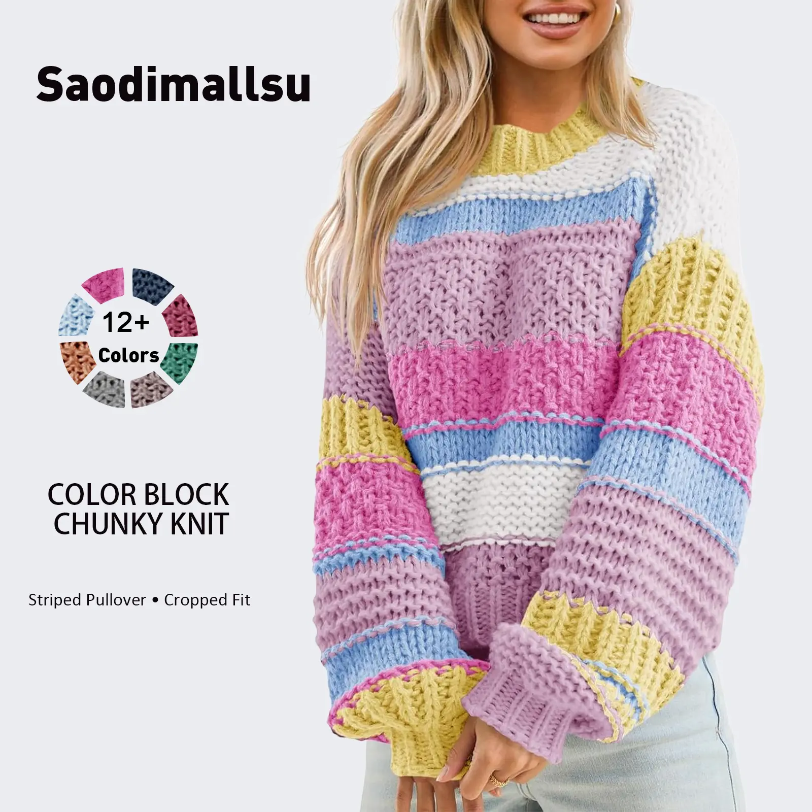 Saodimallsu Women's Bold Multi-Colored Color Block Striped Knitwear Sweater, Casual Chunky Acrylic Knit, Fitted Cropped Long-Sleeve Round Neck Pullover, Tops, Bold Multi-Colored Women's Pullovers, Party, Photography, Sweaters, Knitting, Crew Neck, Rainbow