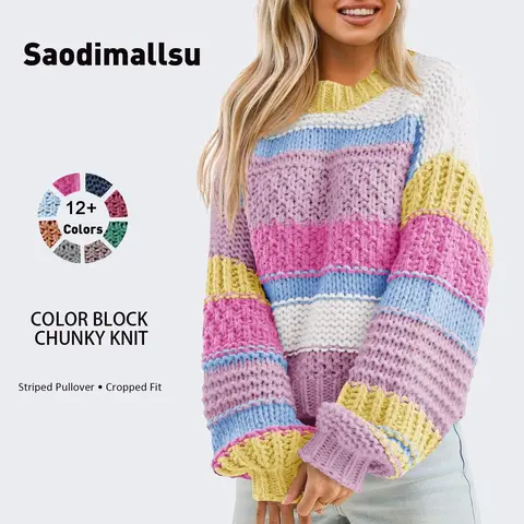 Saodimallsu Women's Striped Rainbow Colorblock Chunky Acrylic Knit Sweater - Longsleeves, Fitted Medium-Length Round Neck Drop Shoulder Pullover, Waist-Flattering, Campus Style, All Seasons Knitwear, Versatile Cute Top for Office-Picnic Photography