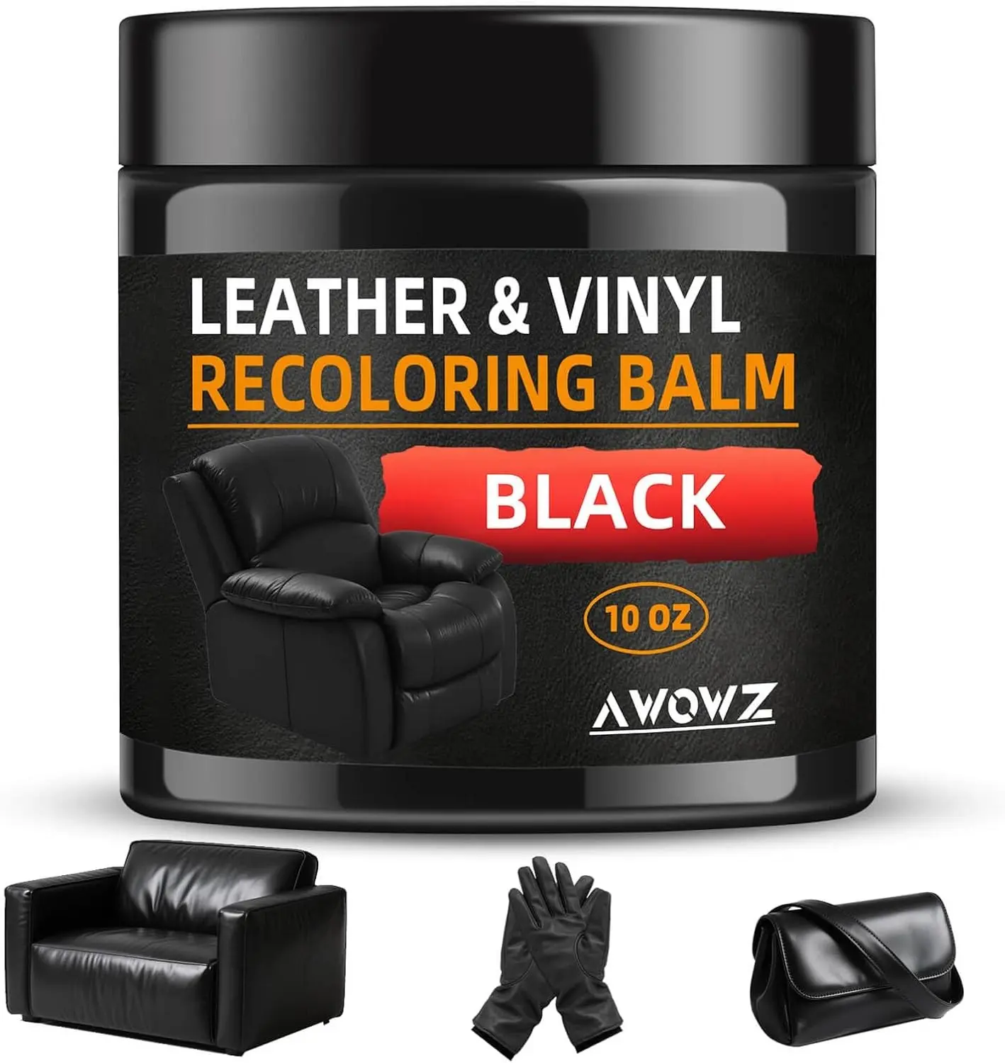 Leather Recoloring Balm - Scratch Repair & Color Restore Kit for Faded Leather, Leather Couch & Car Seats - 10OZ Leather Restorer Balm for Furniture, Auto Interior, Vinyl, Accessories (Black)