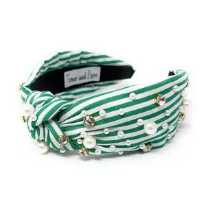 Dark Green Striped Jeweled Knot Headband