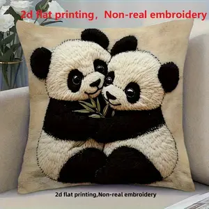 Cute Panda Embroidery Pillow Cover, Hidden Zipper Design, Linen Material, Decorative Cushion Case, Single Piece Set