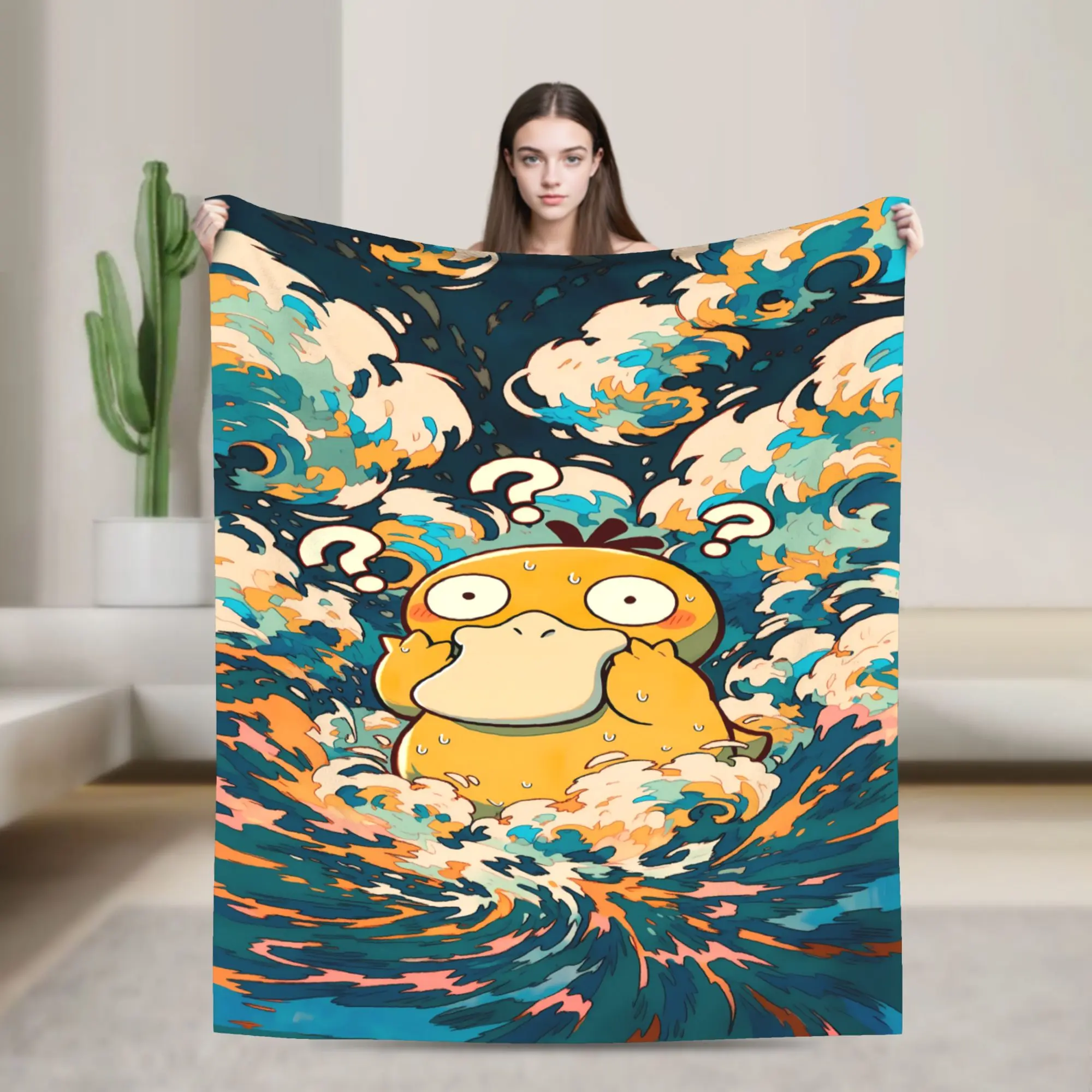 Anime Cartoon Psyduck Flannel Blanket Soft Cozy Warm Throw Blankets for Bedroom, Dorm Room, Sofa, Couch and Living Room, Perfect Fan Gift Multiple Sizes