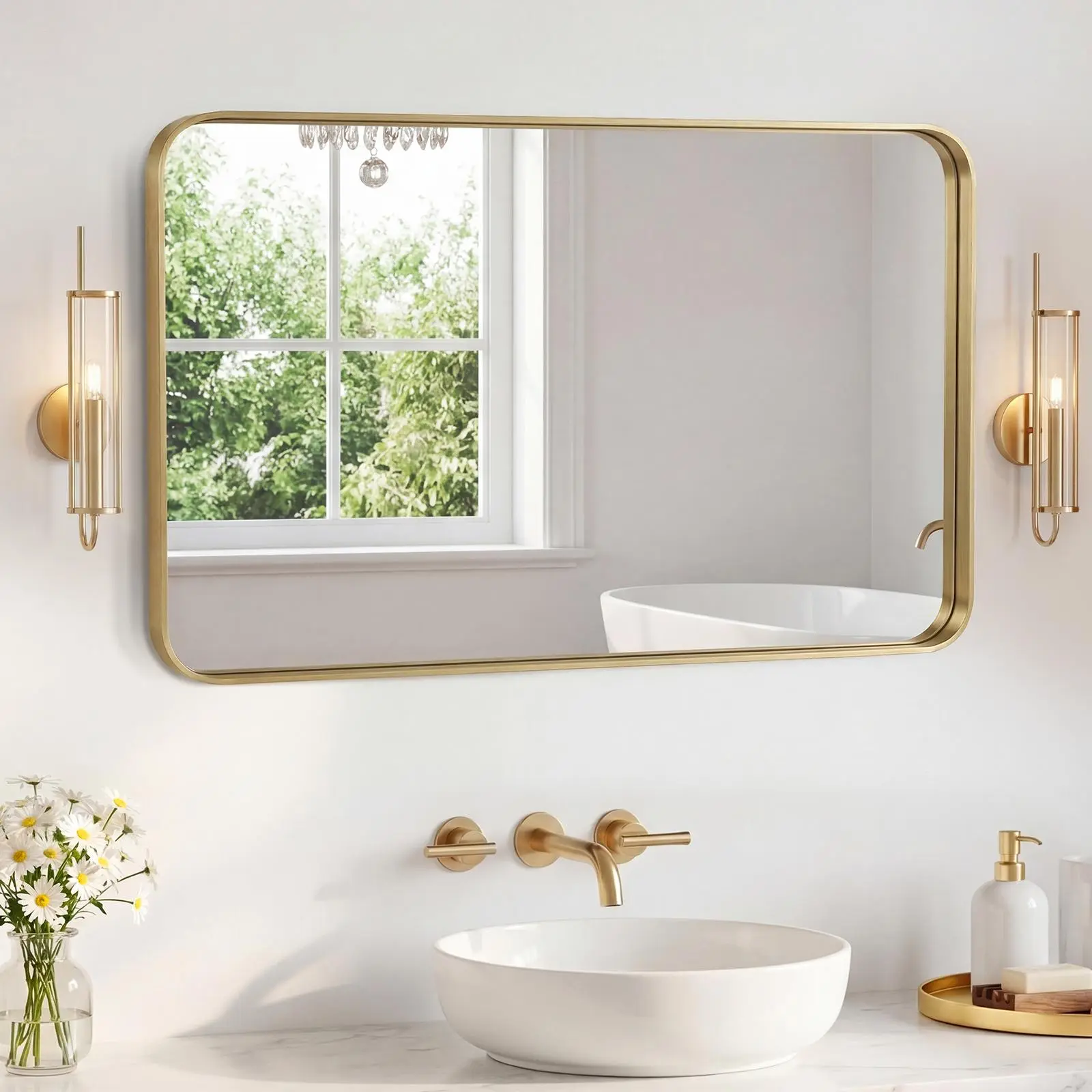 32 x 48 Inch Fog-Resistant Bathroom Mirror with 4-Layer Float Technology, Black Metal Frame Wall Mirror Crystal Clear, Shatter-Proof Tempered Glass for Home Decor