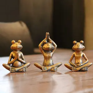 Antique Bronze Frog Yoga Statues Set of 3 - Meditation Decor, Zen Shelf Accent, and Home Yoga Sculptures