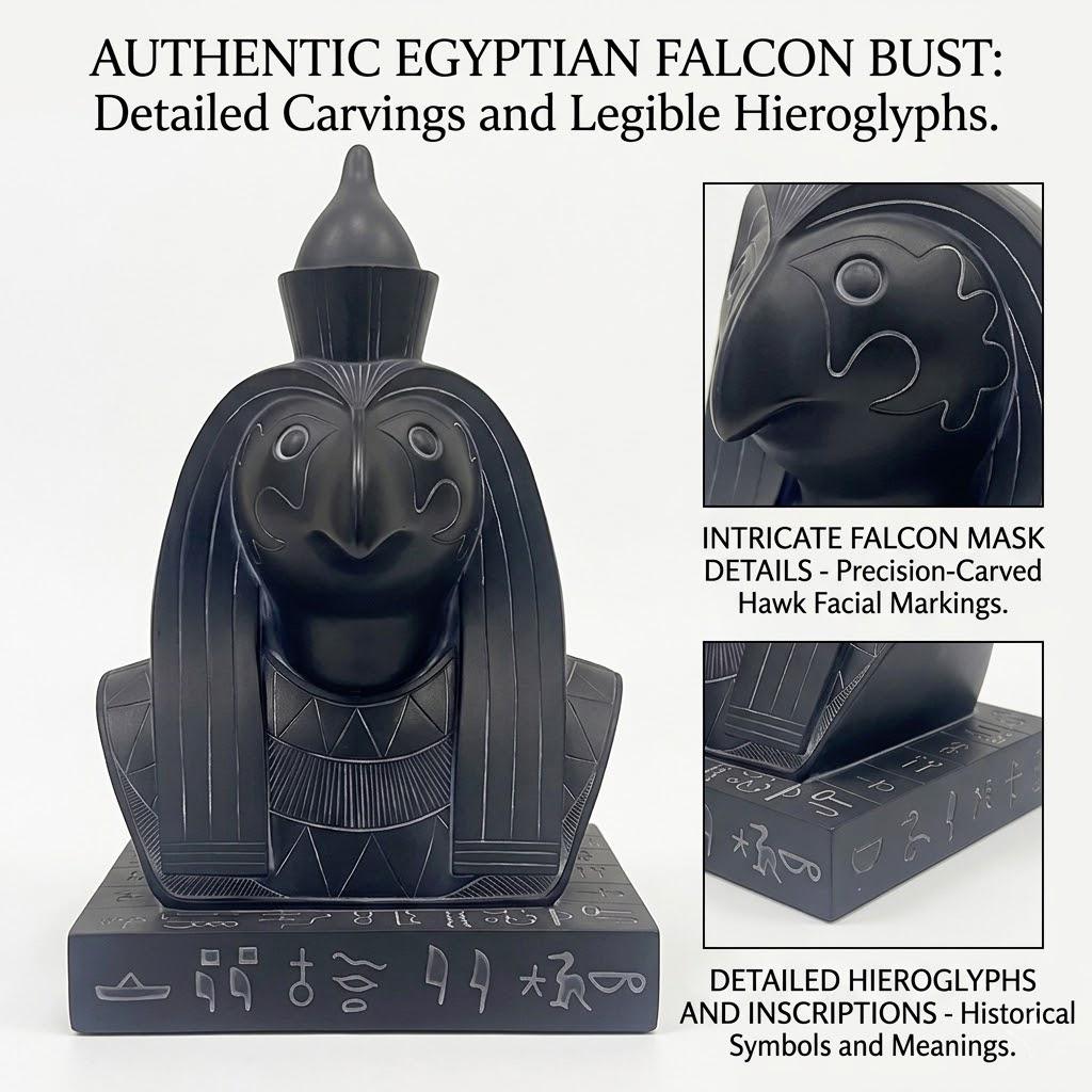 Ancient Egyptian Horus Falcon God Bust - Black Resin Pharaoh Horus Statue with Hieroglyphic Base | Mythological Sky God Sculpture for Executive Office, Library, Study | Premium Egyptian Protector Collectible Gift