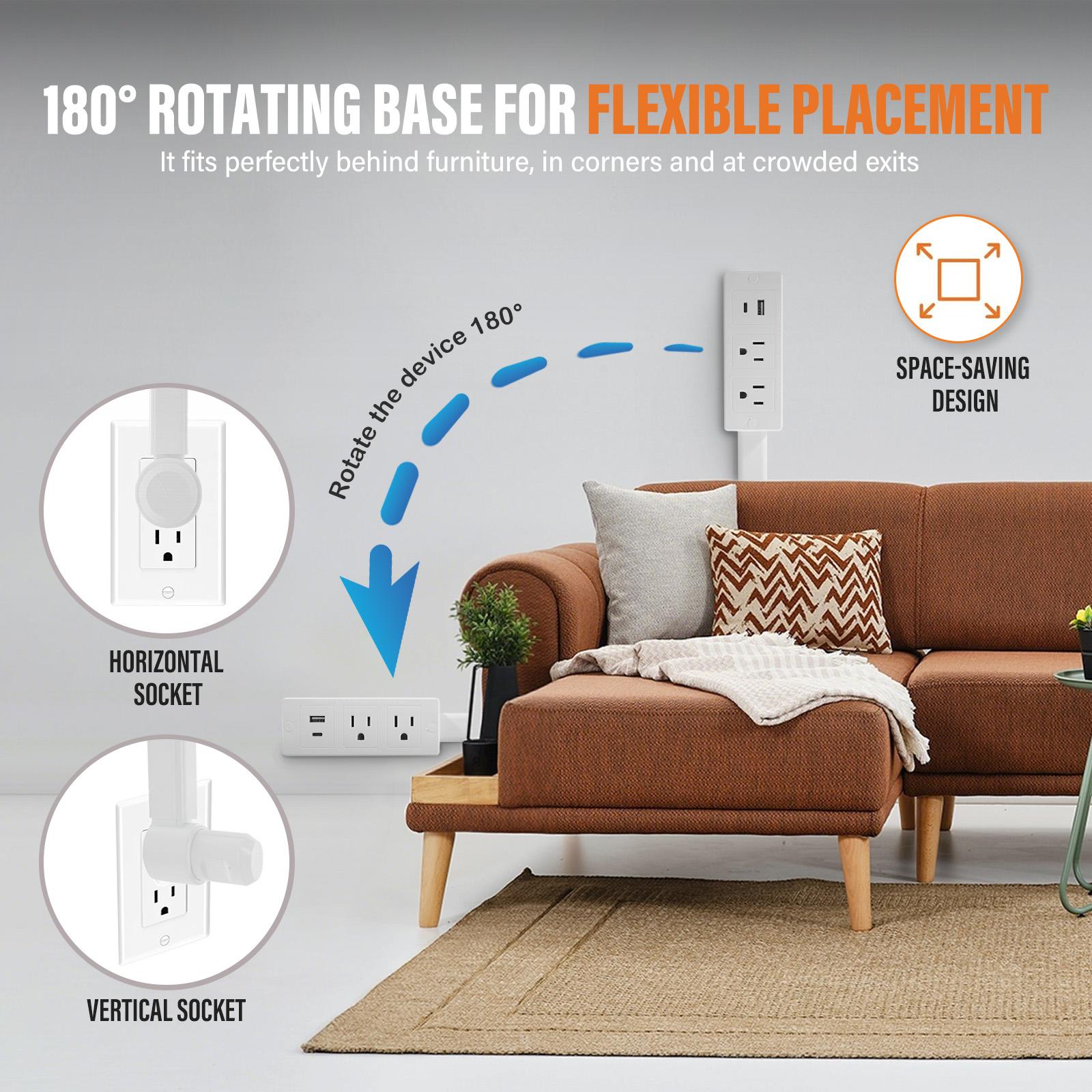 Electrical Outlet Extender Stick - Power Socket Expander, 180° Rotatable Outlet for Hard to Reach Areas, with USB-A, USB-C & 2 AC Outlets, Perfect for Behind Couches, Nightstands & Desks