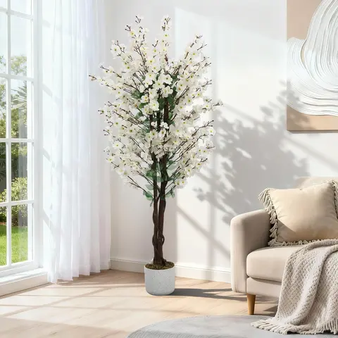 Artificial Wintersweet Tree Plant with White Planter and Lifelike White Plum Blossom, Fake Potted Flower Tree for Indoor Living Room Home Office Decor