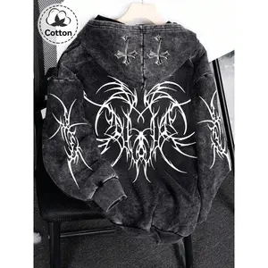 Y2K Rock Wash Full Zip Hoodie, Gothic Cross and Tribal Thorn Pattern, Loose Vintage Warm Sweatshirt, Unisex Dark Streetwear Jacket