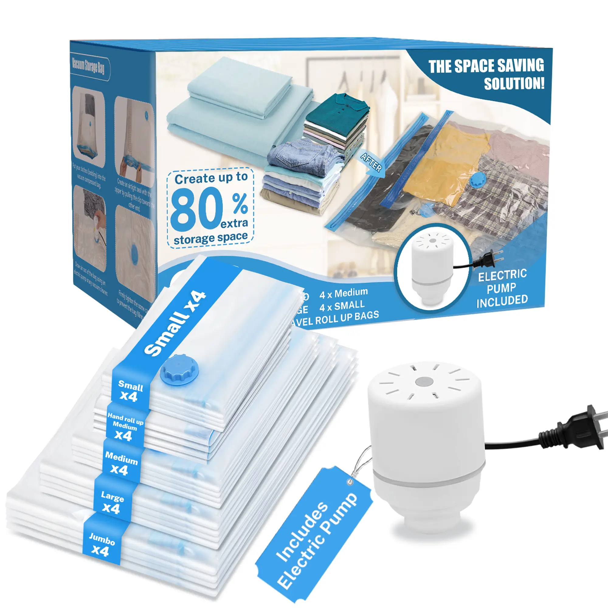 Travel Vacuum Storage Bags with USB Electric Pump (2025 New Upgrade) - Ultra-Compact, Lightweight Space Savers for Clothing & Travel Essentials