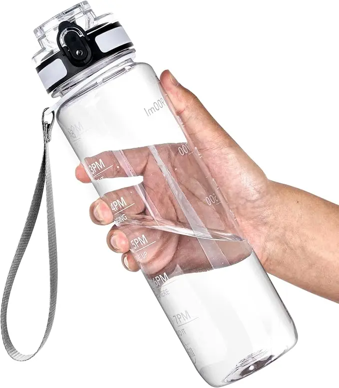 Water Bottle, 32oz Motivational Sports Water Bottle with Time Marker - Times to Drink - Tritan, BPA Free, Wide Mouth Leakproof, Clear (1 Bottle)