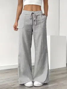 New Style Wide Leg Pants with Side Pockets, Casual Striped Print Loose Drawstring Waist, Women's Fashion Joggers