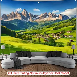 1pc Scenic Mountain & Village Tapestry - Vibrant Green Countryside with Snow-Capped Peaks, Polyester Fabric, Perfect for Living Room, Bedroom, or Studio Decor, Ideal Gift for Home or Office, Versatile Decor Piece |     Scenic Tapestry |     Polyester Tape