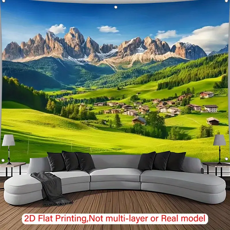 1pc Artistic Scenic Mountain & Village Tapestry - Vibrant Green Countryside, Snow-Capped Peaks, Polyester Fabric, Living Room/Bedroom Decor, Ideal Home Gift, Versatile Home Decor Piece, Artistic Tapestry Tapestries
