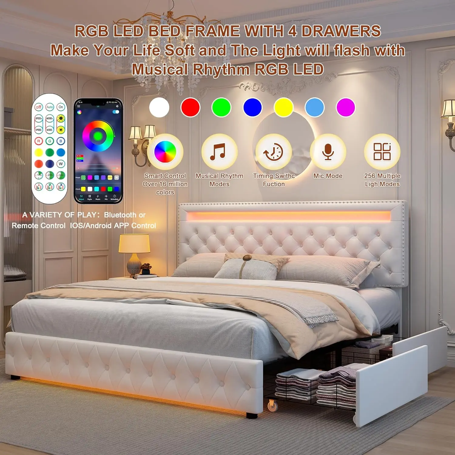 Queen size LED bed frame with 4 storage drawers and adjustable headboard, platform bed with solid wood slat supports, no springs required, PU velvet