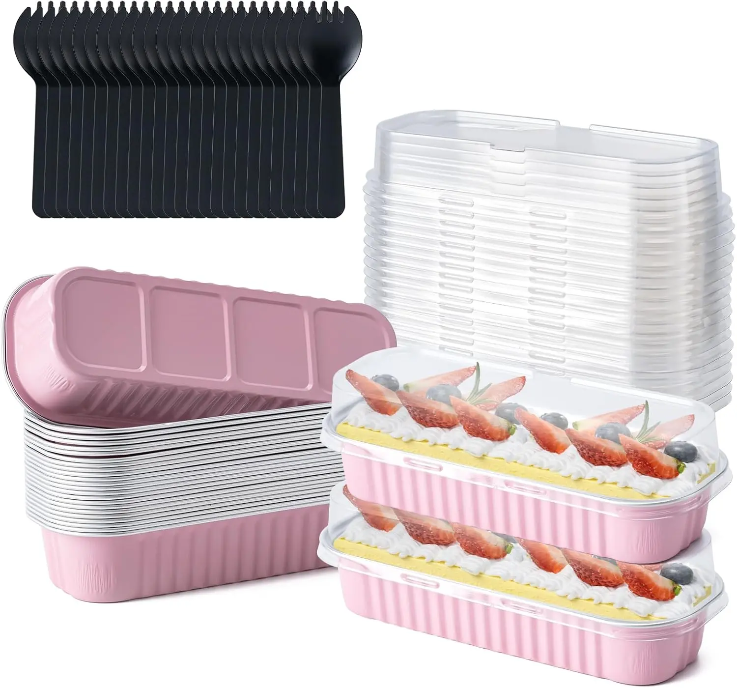 25-Pack Pink Food-Grade Disposable Aluminum Foil Bakeware Tray Set, 6.8oz Durable Rectangular Mini Cake Pans with Lids & Individually Wrapped Spoons, High-Temperature Resistant Toaster Oven Baking Dish Set for Party, Picnic Kitchen Supplies