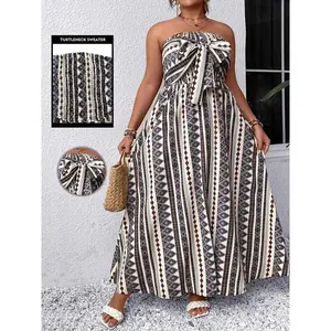 Plus Size Geo Print Shirred Tube Dress, Boho Tie Front Maxi Dress For Spring & Summer, Women's Plus Size Clothing Casual Lace