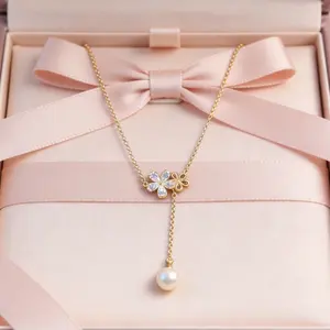 Obsessed with this sparkling cz flower pearl necklace! Adjustable gold pull chain, Y-shaped clavicle jewelry, perfect Mother's Day gift for her