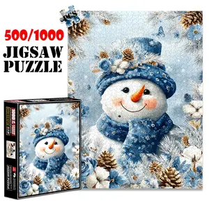 1pc 1000 piece adult puzzle 70x50cm Snowman with Blue Scarf and Hat Surrounded by Flowers and Pinecones 500 pieces of paper jigsaw puzzle, suitable for adults and families, large-scale DIY puzzle