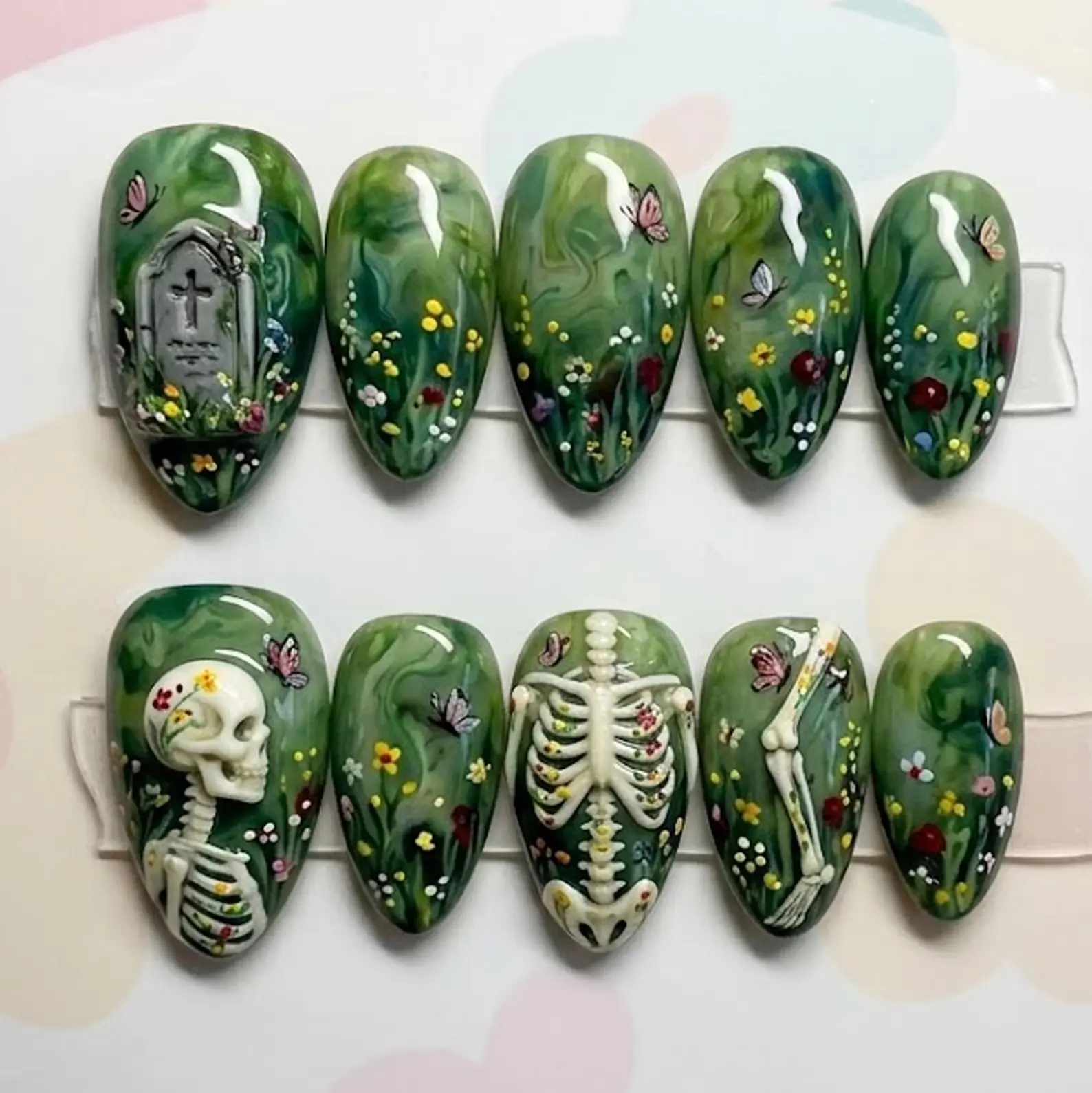 Handmade 3D Dark Cottagecore Stiletto Press On Nails, Skeleton Floral False Nails Creepy Cute Nature Graveyard Butterfly