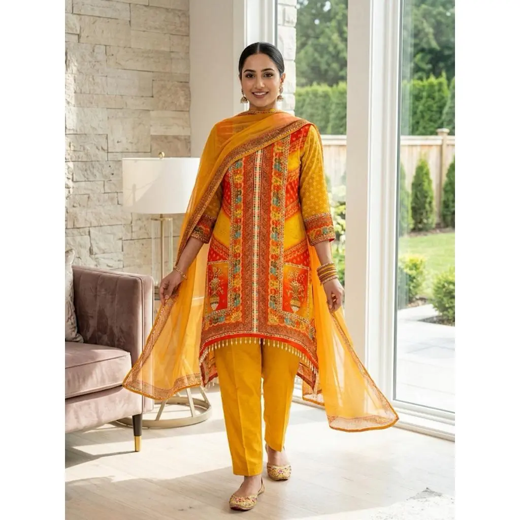 Women's Vibrant Orange-Red Printed Kurta Set with Dupatta Elegant Three-Piece Outfit Ethnic Wear Trousers and Embellished Kurti Set Traditional Festive Wear M-38" L-40" XL-42" XXL-44"